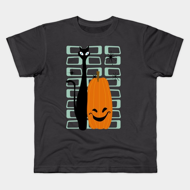 Spooky Cat with Pumpkin Kids T-Shirt by Rackham